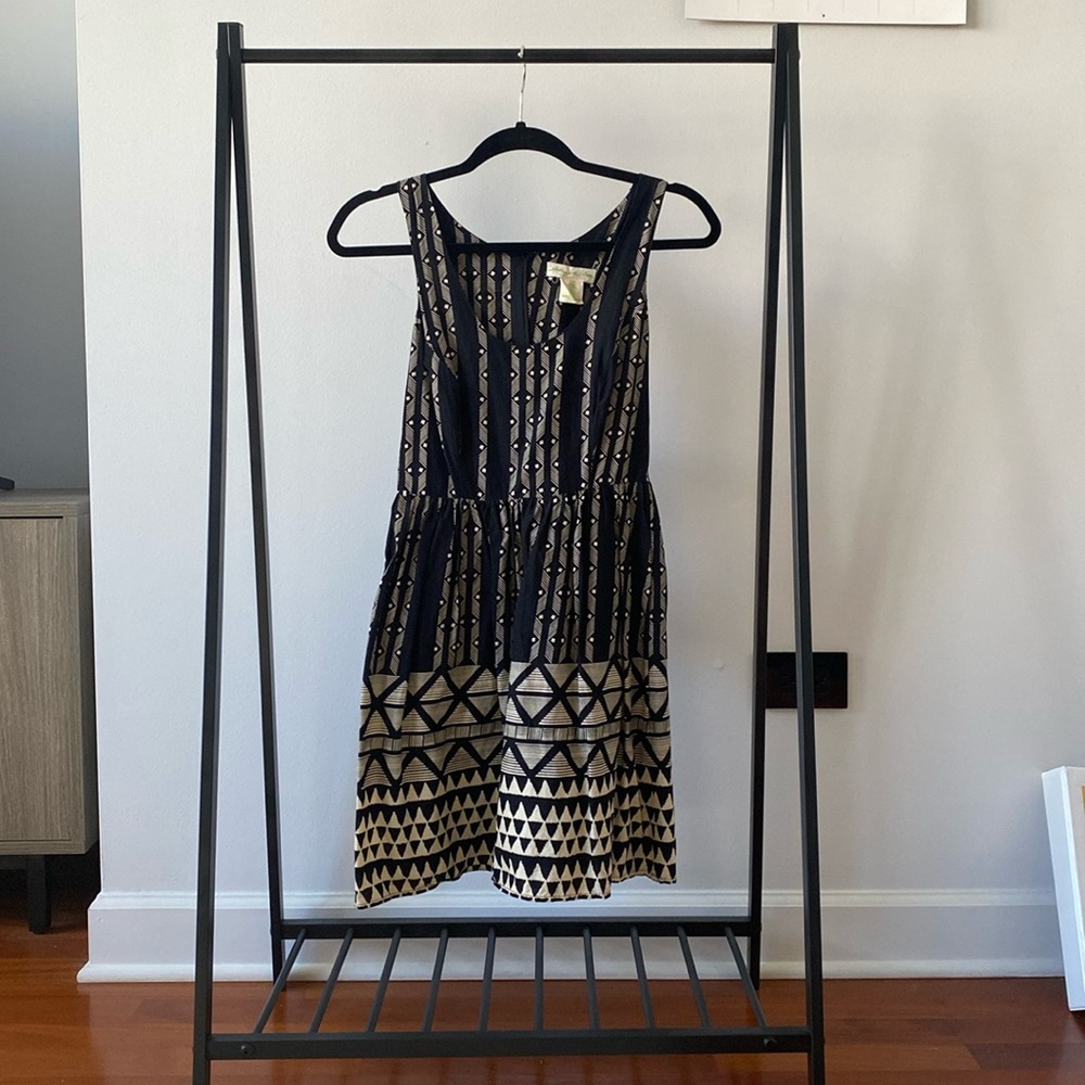 Staring at Stars Black and Tan Geometric Print Dress with Pockets